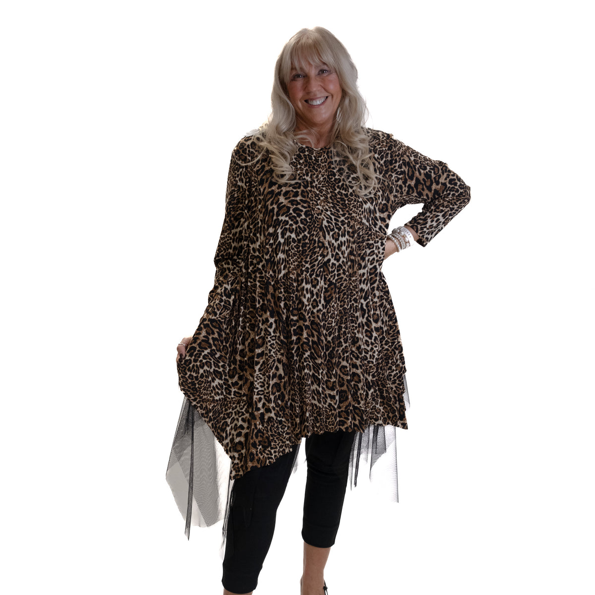 Long Pleated Leopard Print Top with Net Underlay