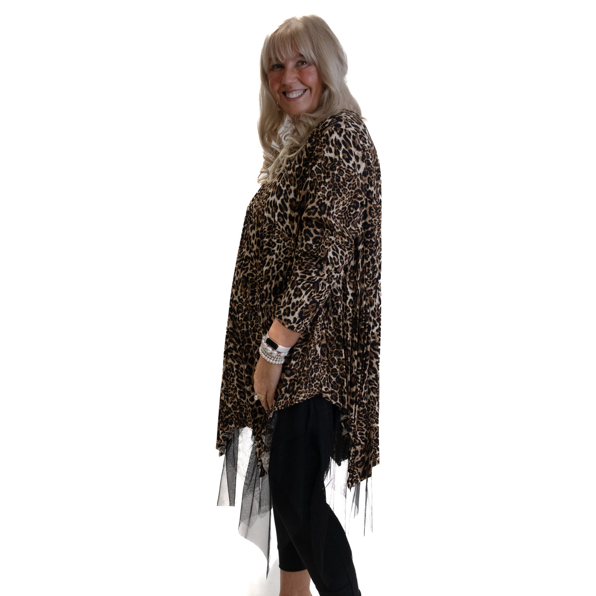 Long Pleated Leopard Print Top with Net Underlay