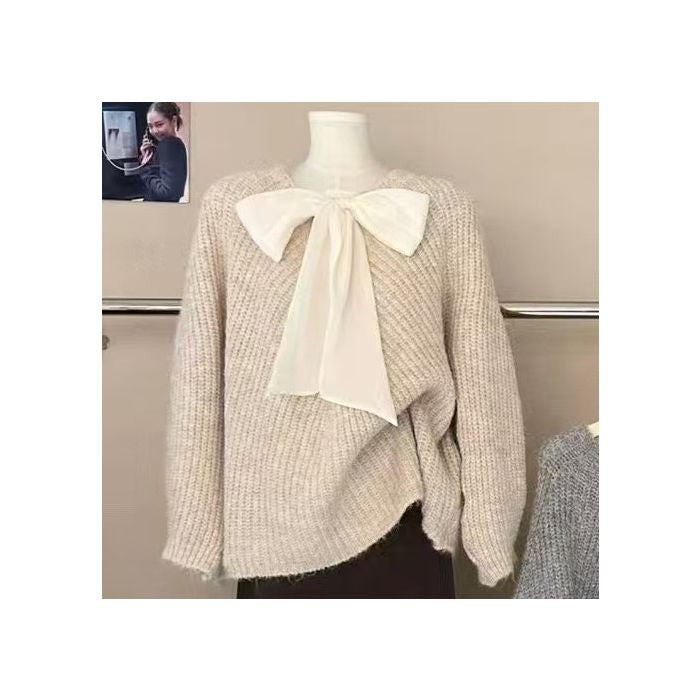 Long Sleeve Sweater with Feminine Bow Accent in Grey or cream