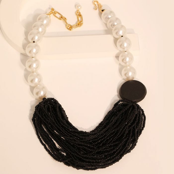 Seed Bead Necklace with Large Faux Pearls in Black