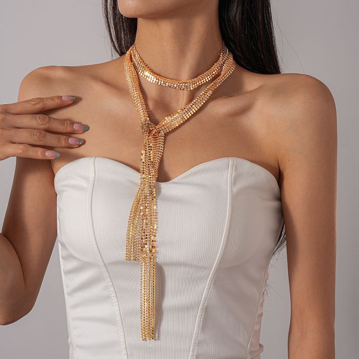 Rhinestone Waterfall Tie Necklace in Gold