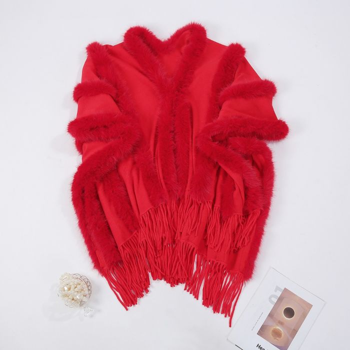Chic Faux Fur Fringe Knitted Cape in Red