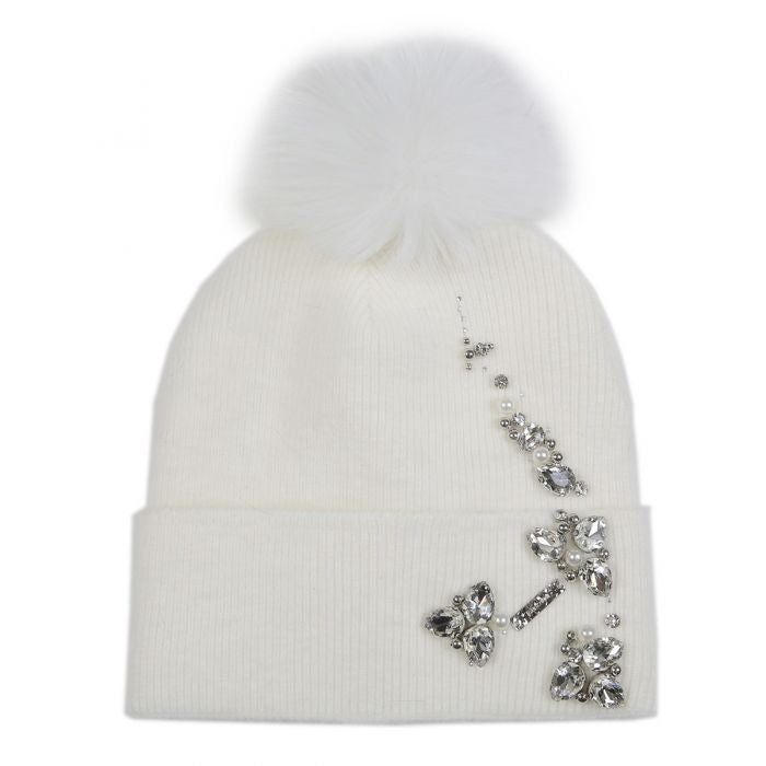 Elegant Pompom Hat with Sparkling Jewels in Cream