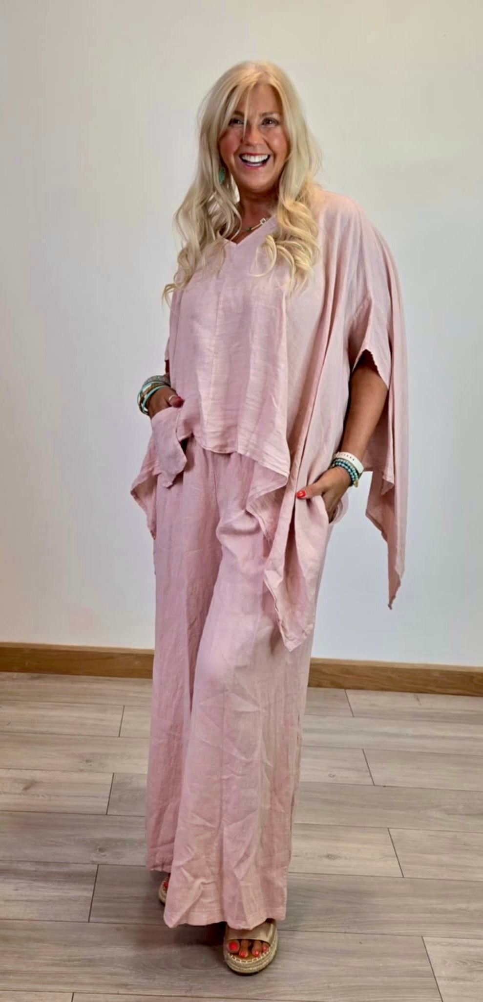 Pink Linen Asymmetrical Top Team it with the matching pants