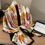 Calla Lily Motif Satin Scarf in Cream/Orange