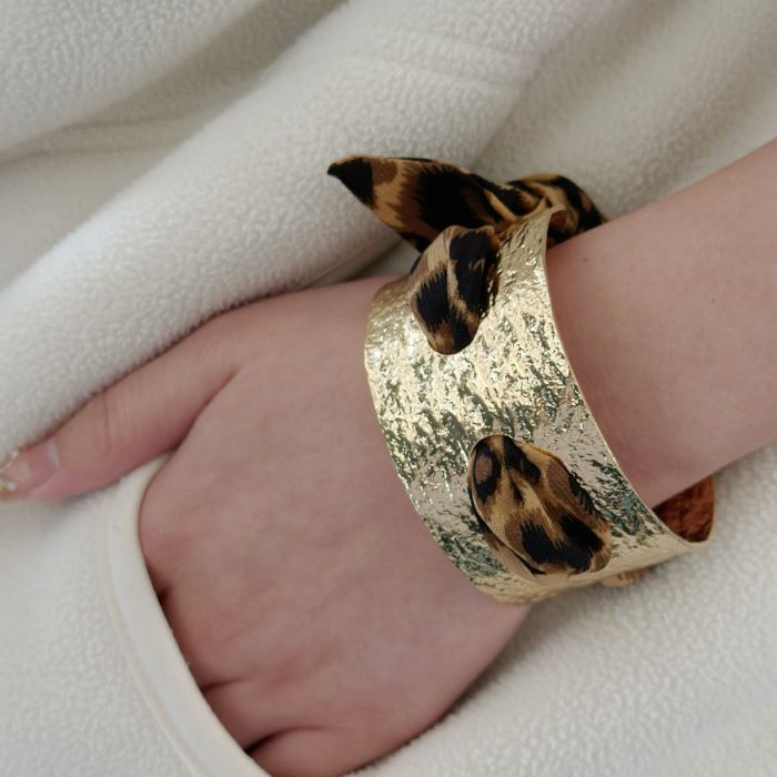 Textured Bracelet Cuff with Leopard Fabric Detail in Gold