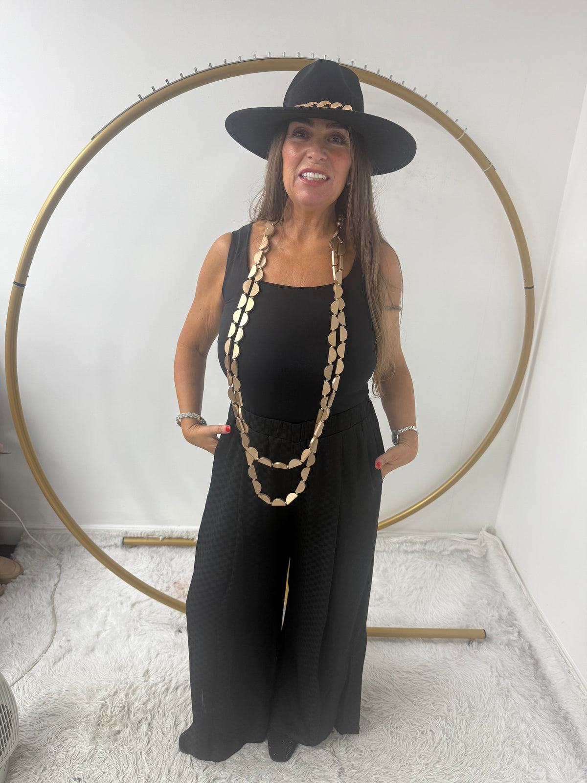 Wide leg black side split patterned pants