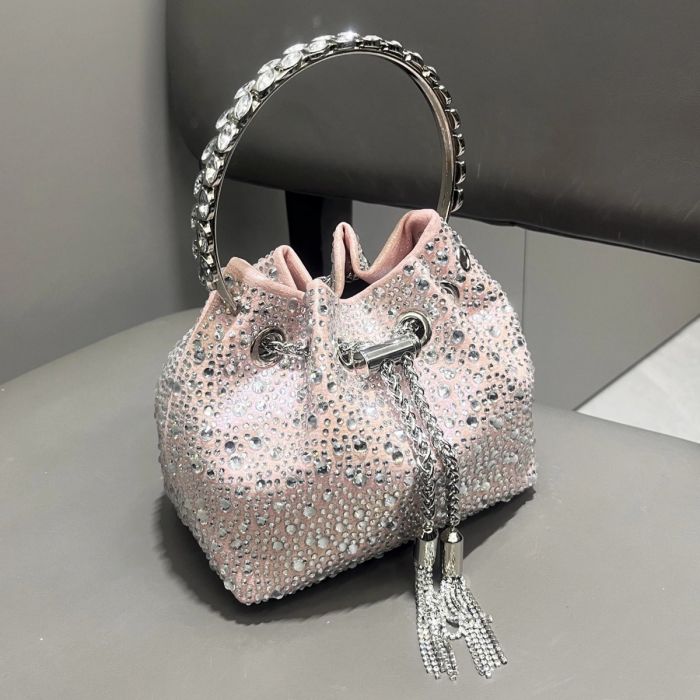 Crystals Stones Bucket Bag in Pink