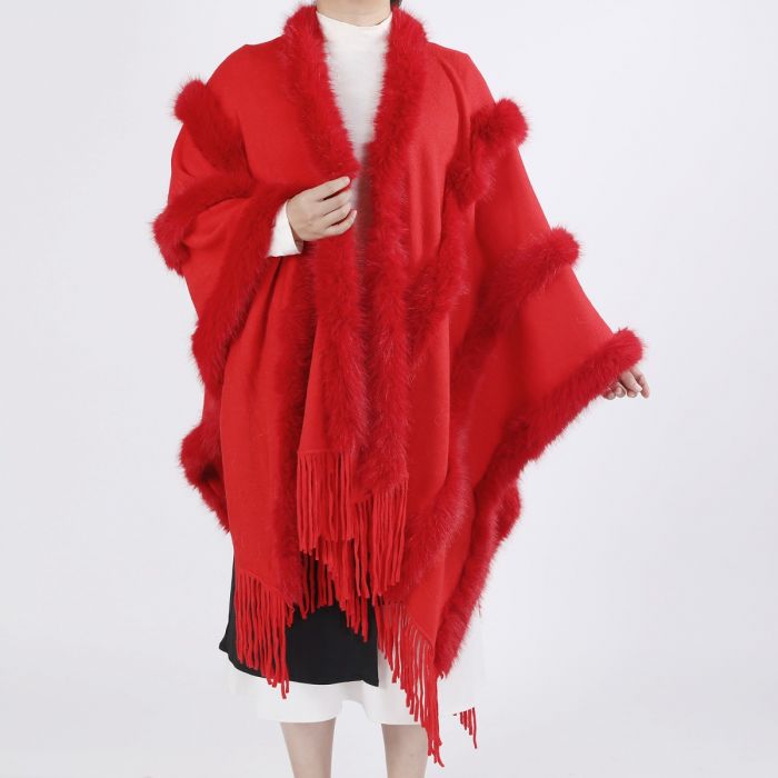 Chic Faux Fur Fringe Knitted Cape in Red