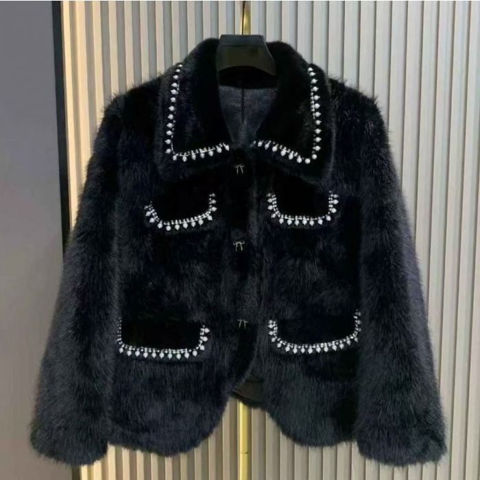 Luxurious Black Faux Fur Pearlies Embellished Jacket