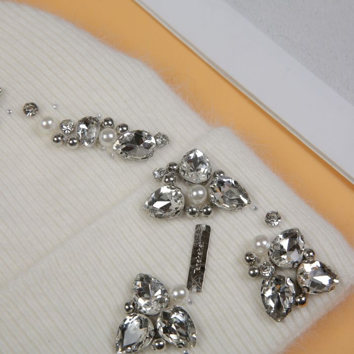 Elegant Pompom Hat with Sparkling Jewels in Cream