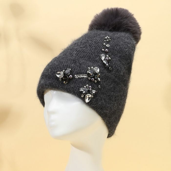 Elegant Pompom Hat with Sparkling Jewels