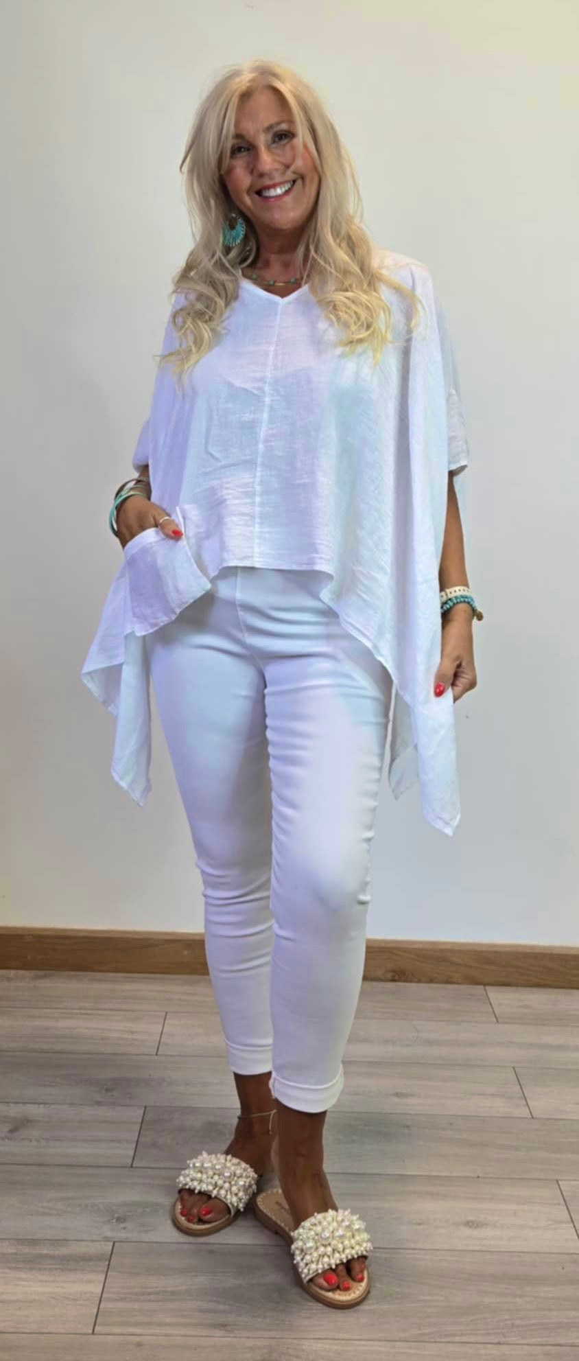 White linen Asymmetrical top matching pants separate