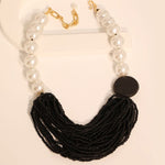 Seed Bead Necklace with Large Faux Pearls in Black