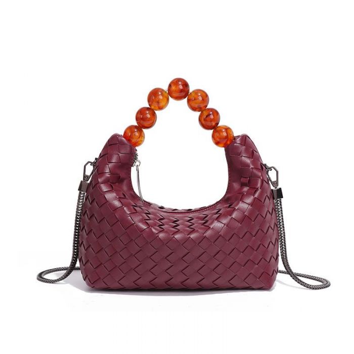 Woven Tote Bag with Beaded Handle in Wine
