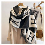 Elegant H-Pattern Shawl Wool Scarf in Black