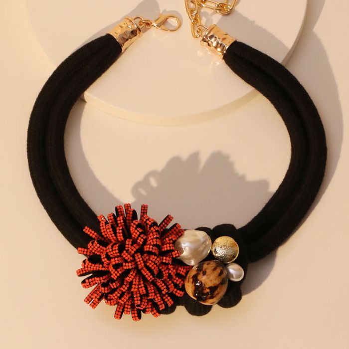 Bloom Necklace with Pearl & Crystals Accents in Black