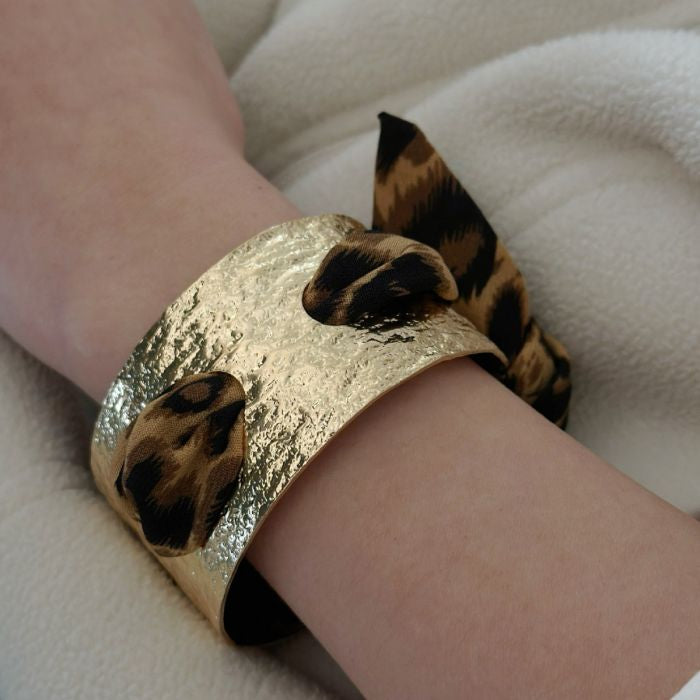 Textured Bracelet Cuff with Leopard Fabric Detail in Gold
