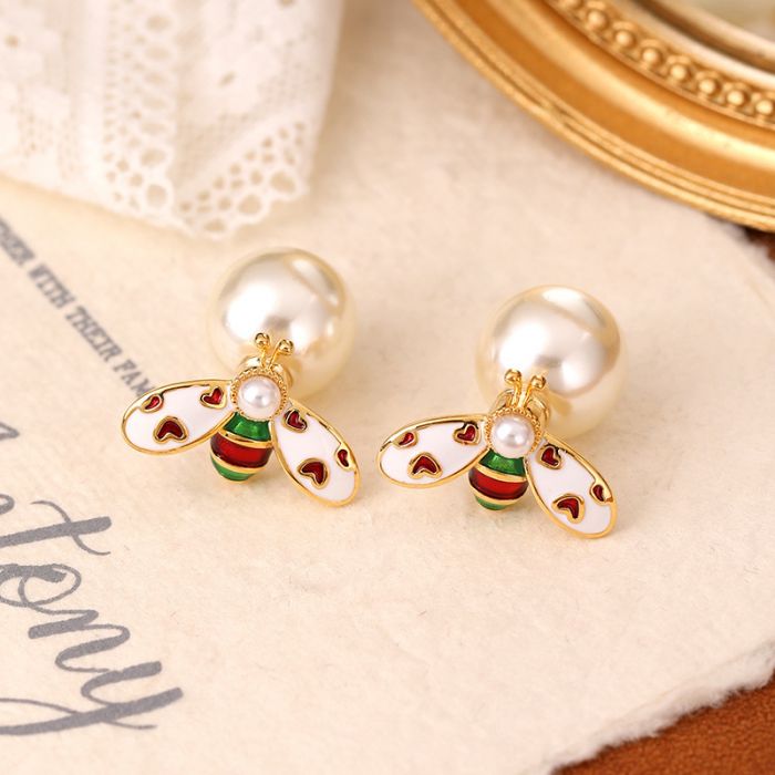 Bee Charm Pearl Earrings Heart Wing Enamel in Cream