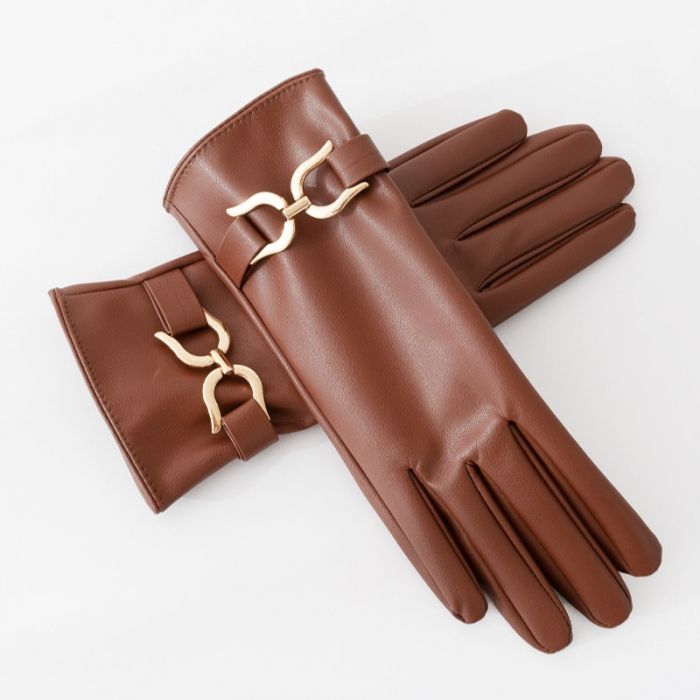 Faux Leather Gloves with Gold Buckle Detail in Brown