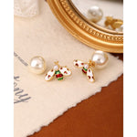 Bee Charm Pearl Earrings Heart Wing Enamel in Cream