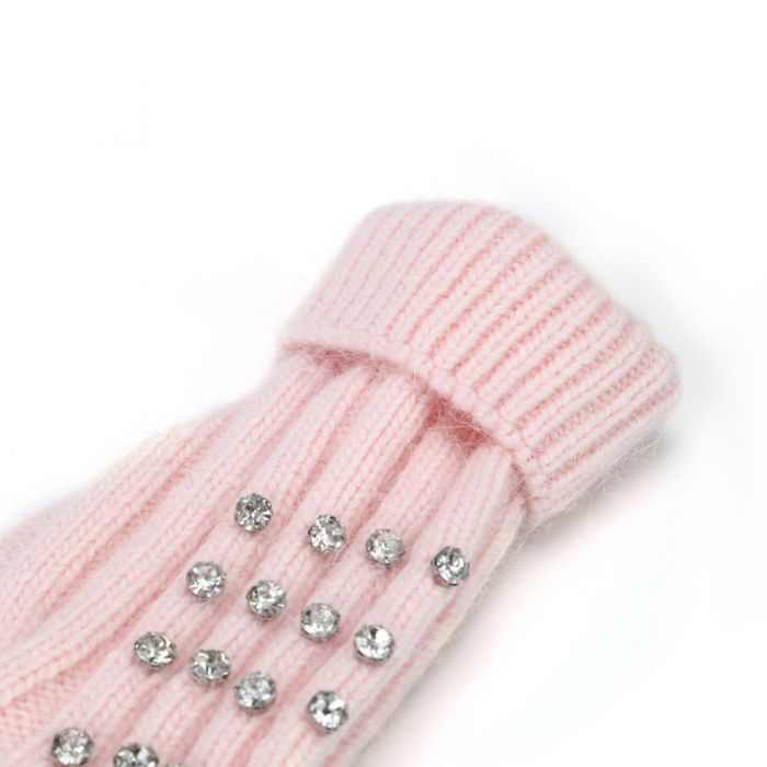 Elegant Knitted Gloves with Rhinestone in Pink