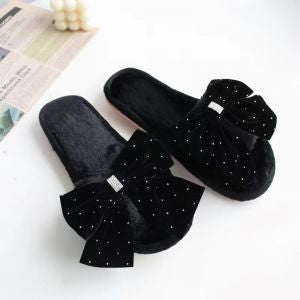 Plush Black Velvet Slippers with Crystal Bow Detail