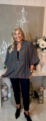 Chocolate and aqua spot blouse