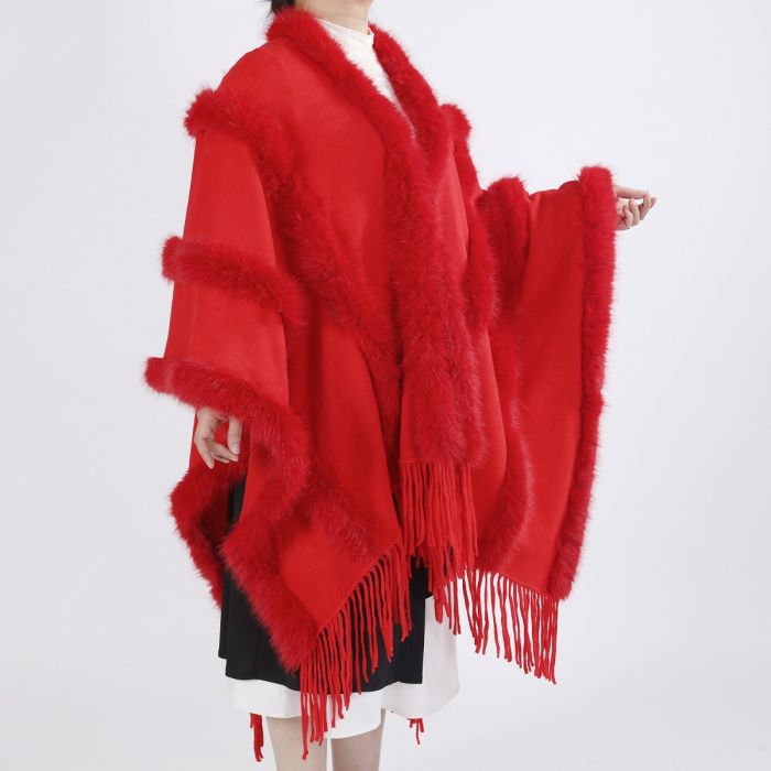Chic Faux Fur Fringe Knitted Cape in Red