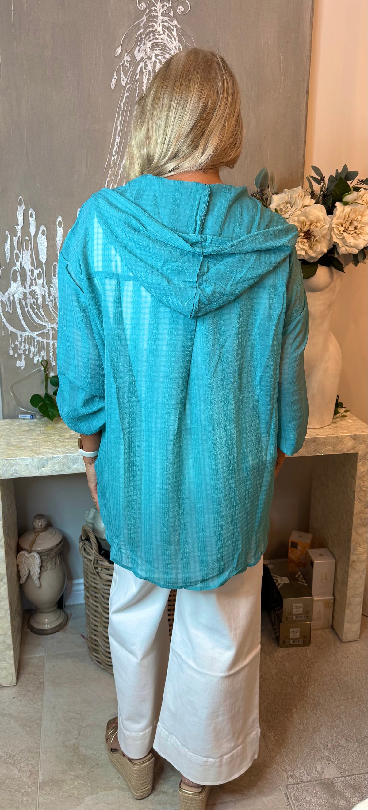 Teal sparkling hooded top