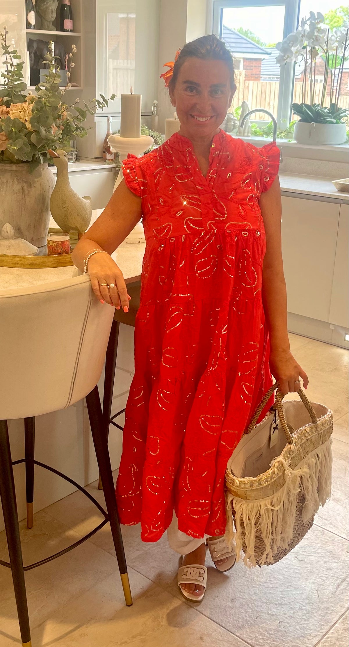 Sienna Coral Red Sparkle Frill Dress