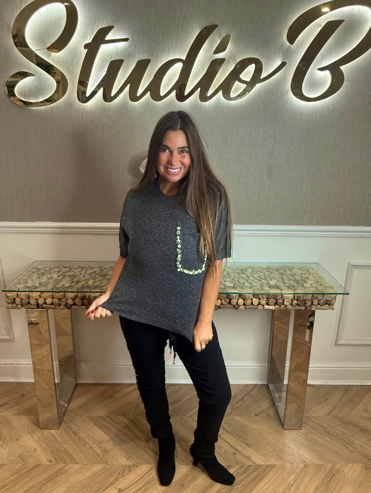 Diana diamanté charcoal knitted short sleeve top