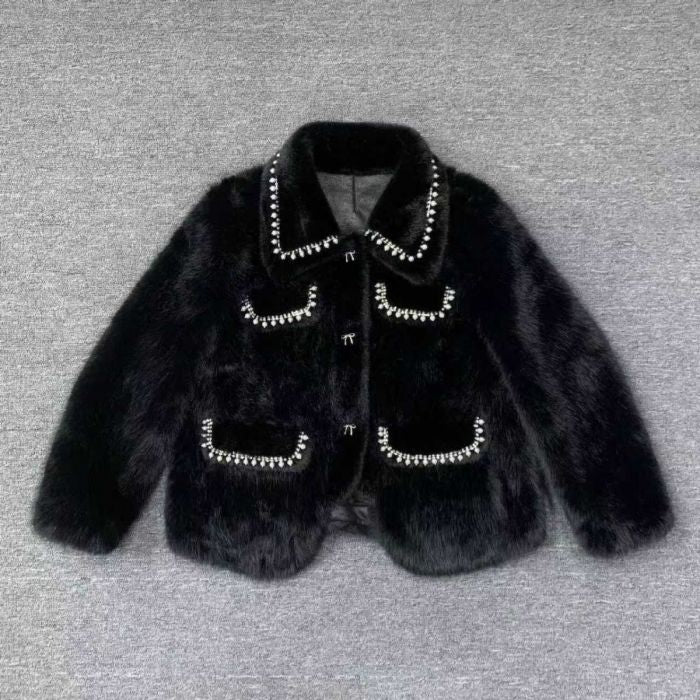 Luxurious Black Faux Fur Pearlies Embellished Jacket
