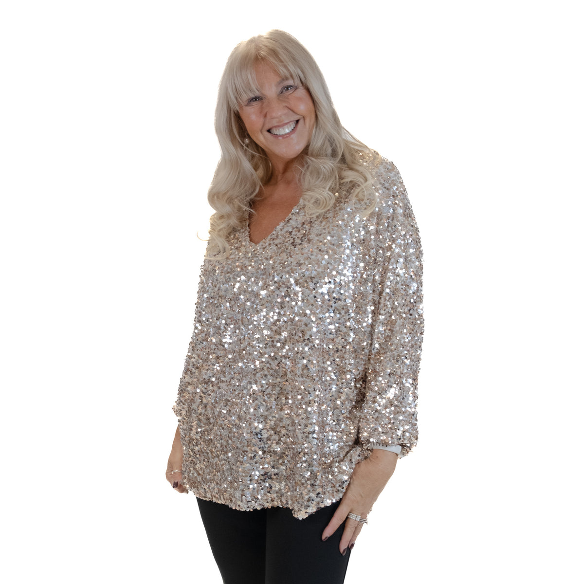 V Neck Sequin Hi-Lo Batwing Top