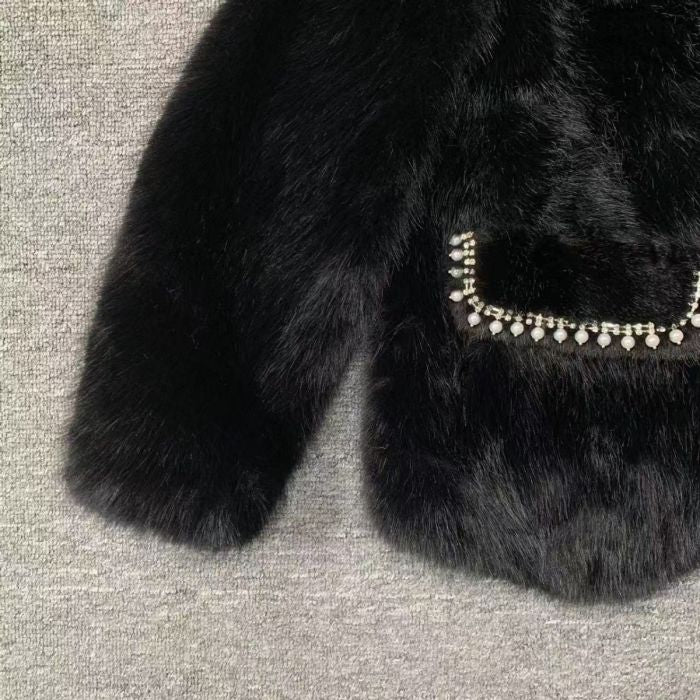 Luxurious Black Faux Fur Pearlies Embellished Jacket