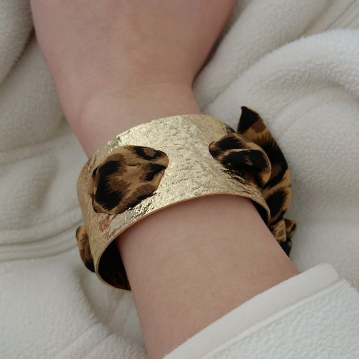 Textured Bracelet Cuff with Leopard Fabric Detail in Gold