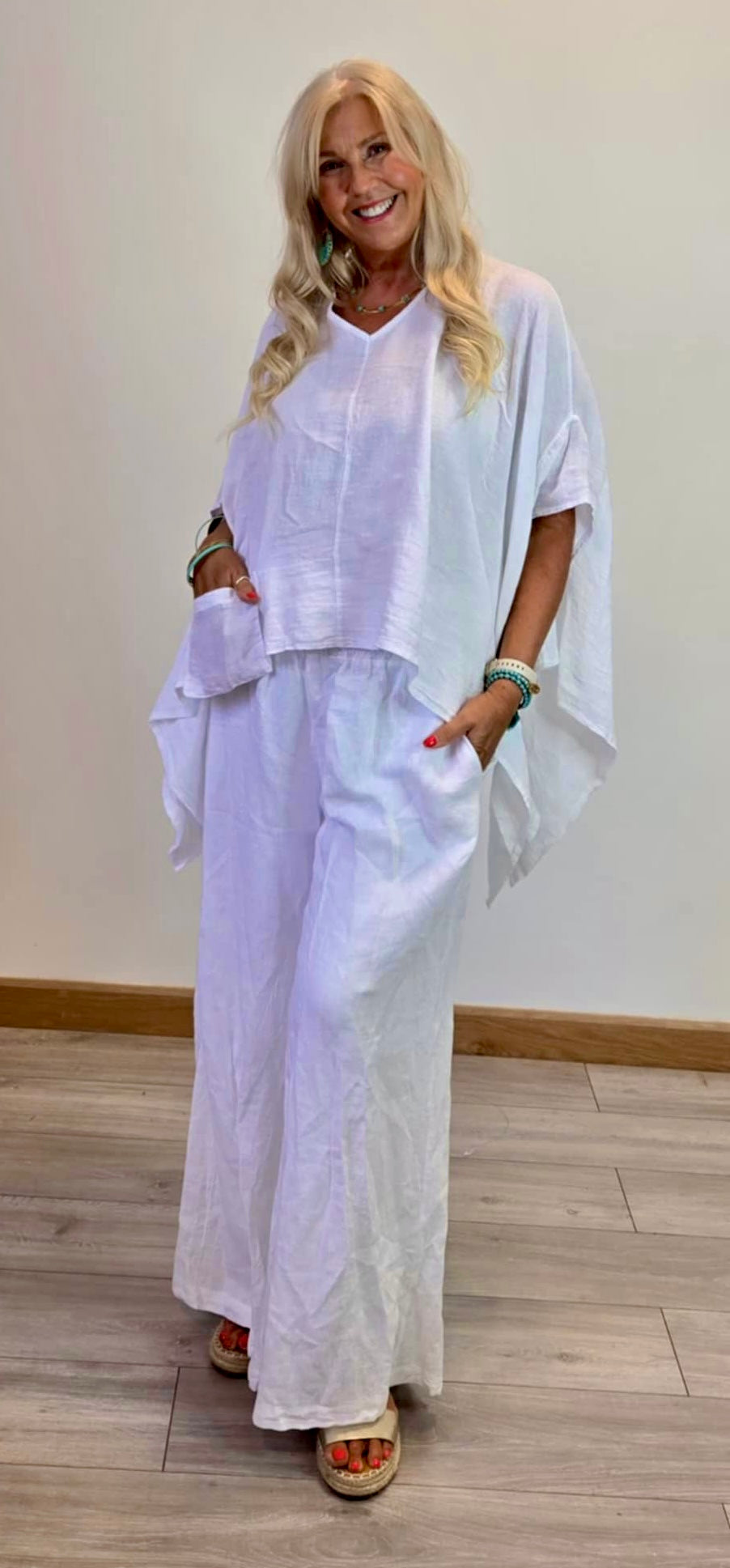 White linen Asymmetrical top matching pants separate