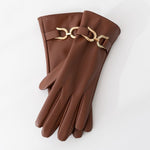 Faux Leather Gloves with Gold Buckle Detail in Brown
