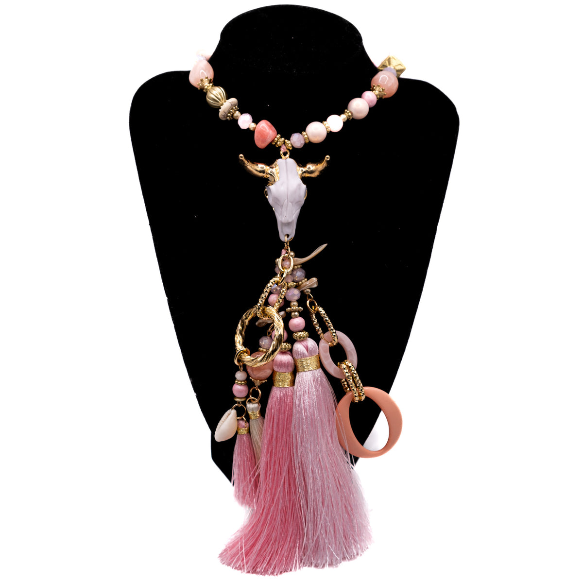 Bohemian Gold & Pink Bull Skull Necklace