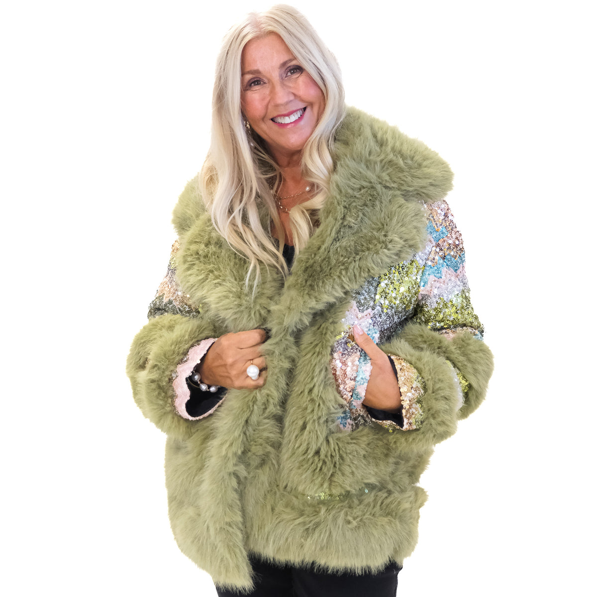 Green Faux Fur Sequin Coat