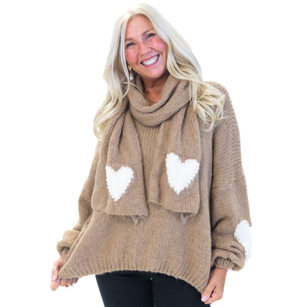 Chunky Knit Pearl Heart Jumper With Scarf