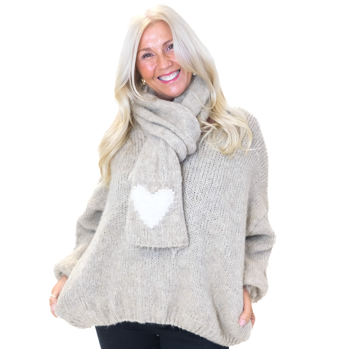 Chunky Knit Pearl Heart Jumper With Scarf