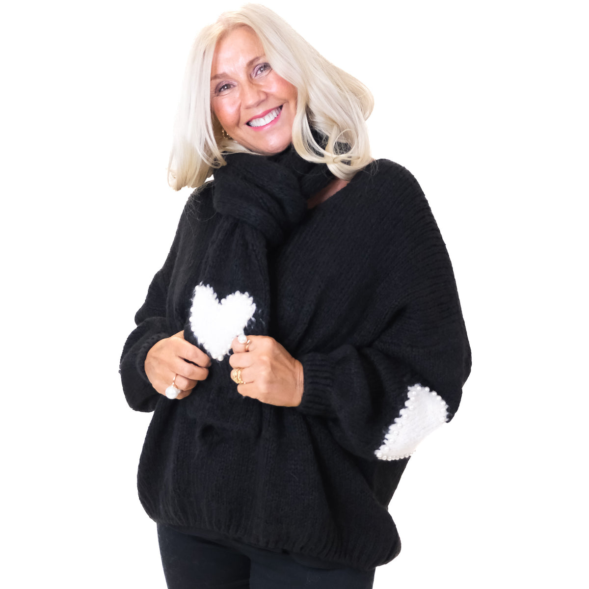 Chunky Knit Pearl Heart Jumper With Scarf