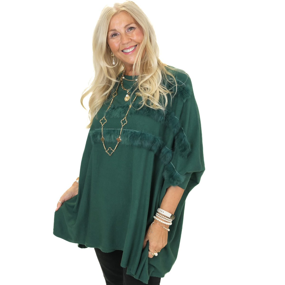 Poncho Jumper With Faux Fur Trim