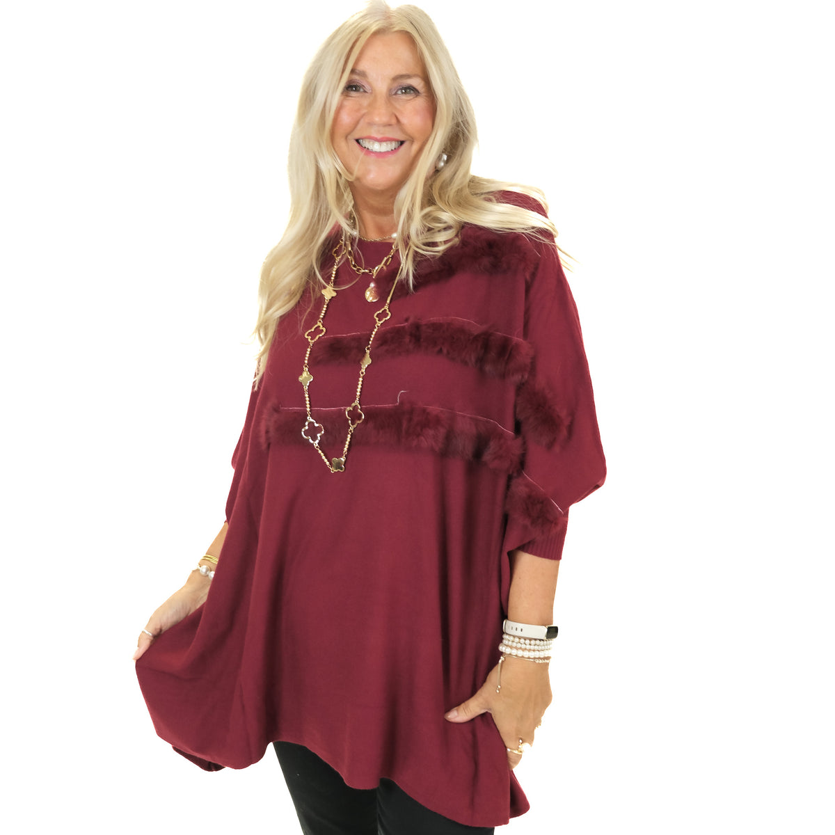 Poncho Jumper With Faux Fur Trim