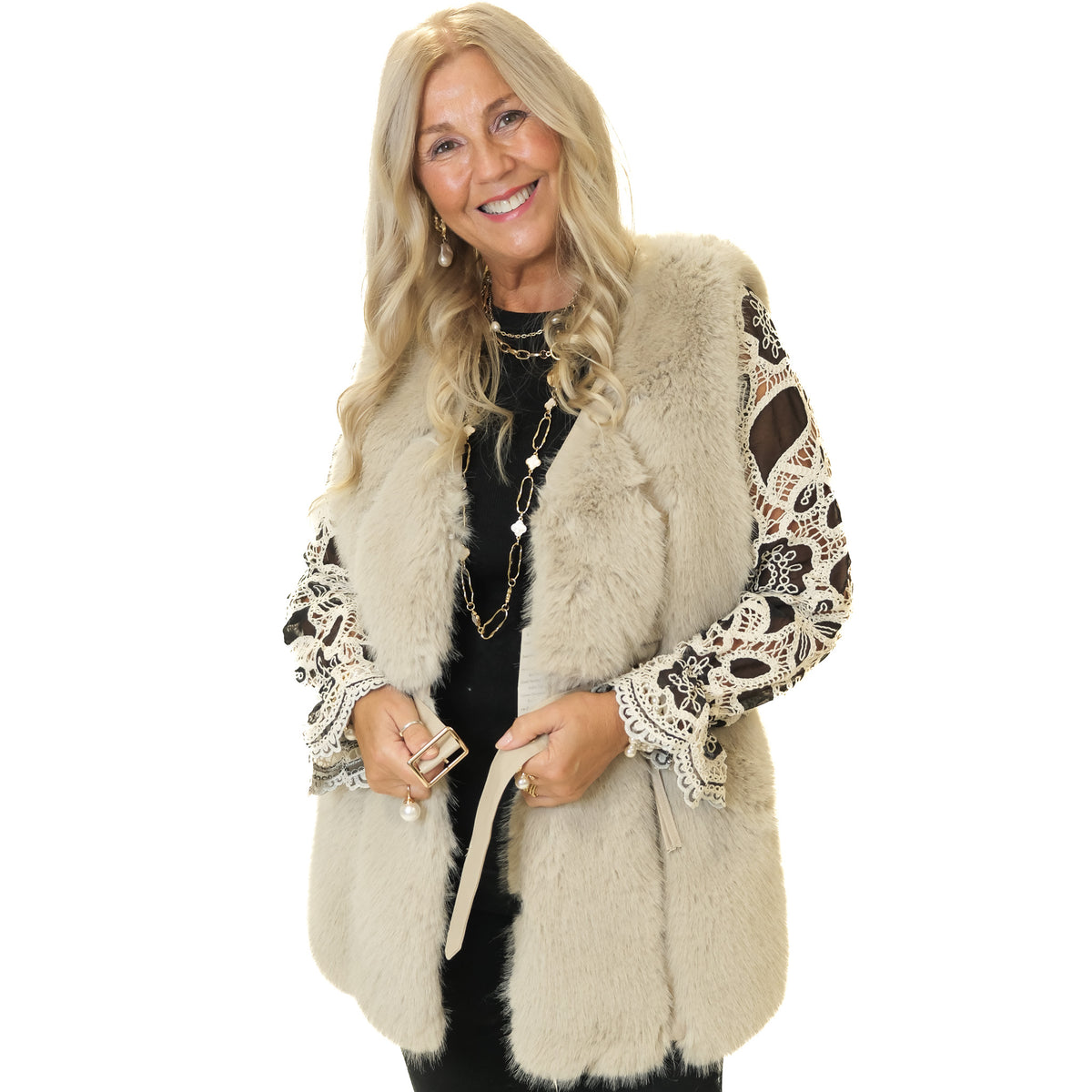 V-Neck Belted Faux Fur Gilet