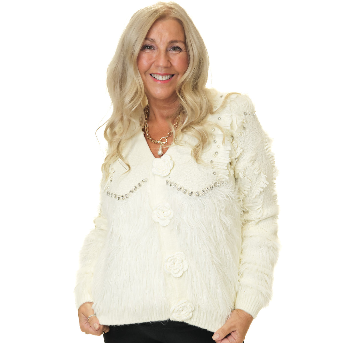 Faux Fur Knit Cardi With Crochet Flowers