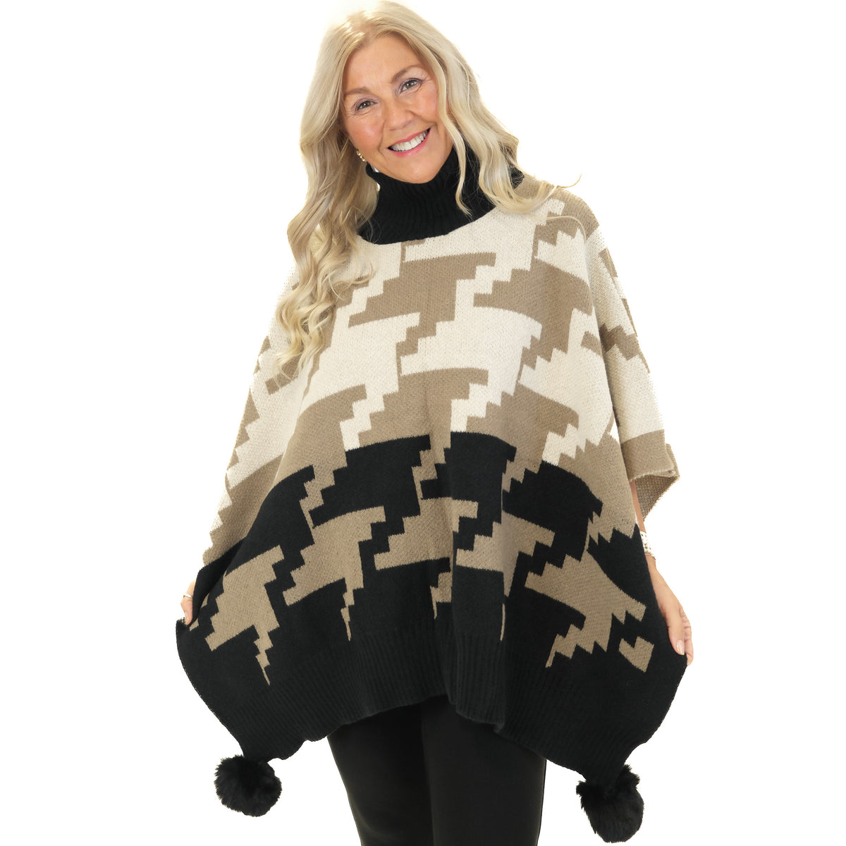 Malissa J Roll Neck Pom Pom Poncho