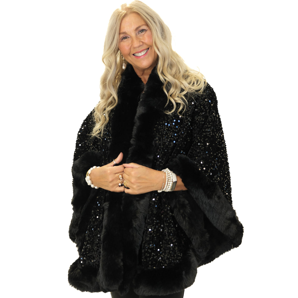 Malissa J Faux Fur Sequin Cape