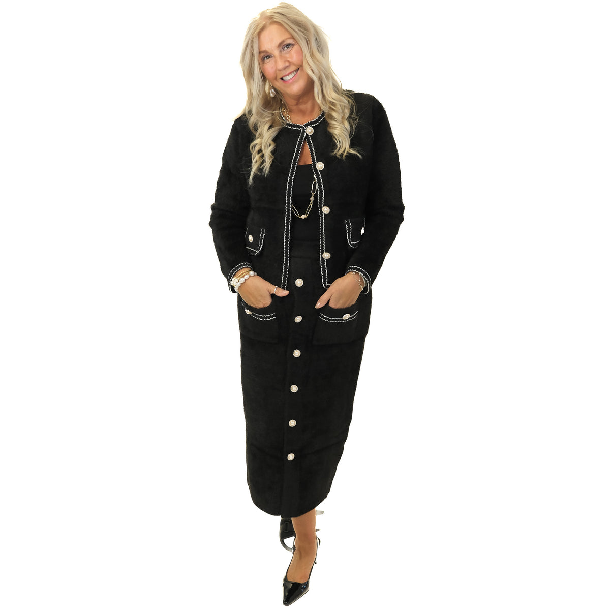 Pearl Button Long Skirt & Jacket Suit